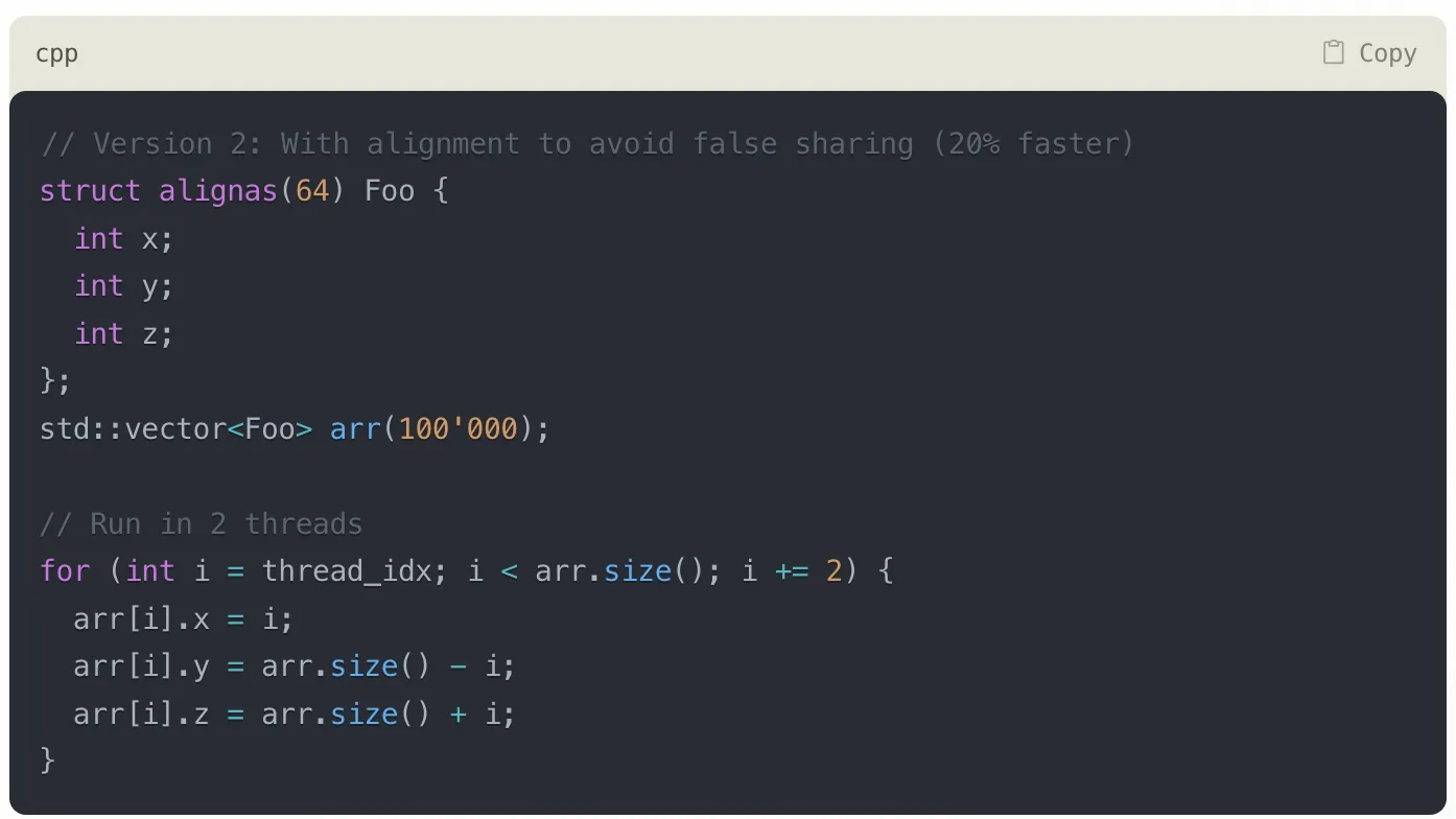 Code 2 - struct Foo với alignas(CACHE_LINE)
