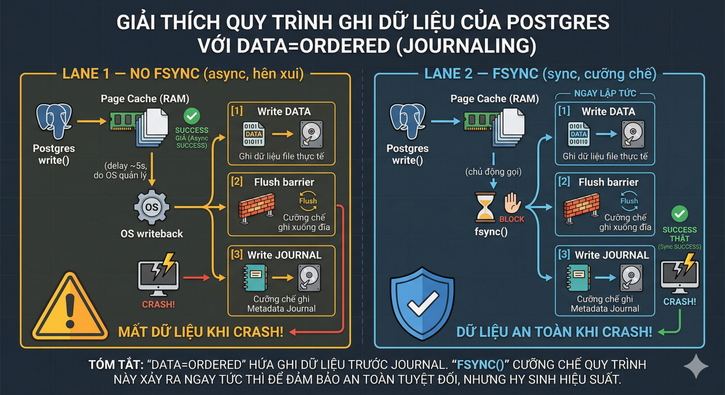 Giải thích quy trình ghi dữ liệu của Postgres với DATA=ORDERED (Journaling)